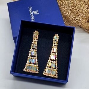 Vintage Swarovski Gold Earrings Chandeliers Dangling Rare Long Rainbow Crystals
